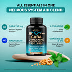 GABA L-Theanine 900 mg - Magnesium | Vitamin B6 - Calm, Sleep, Relaxation & Mood Support - Lab Tested - 750 mg Gamma AminoButyric Acid, 150 mg L-Theanine - Non-Habit Forming, Vegan - 240 Capsules