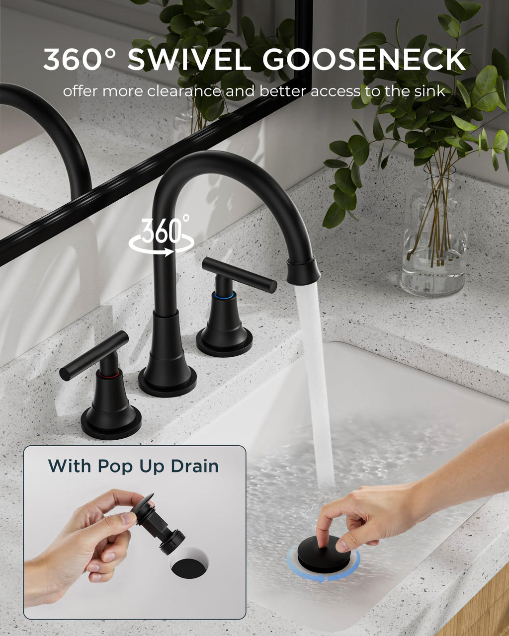 FORIOUS Black Bathroom Faucet 3 Hole Vanity, 2 Handle 360° Swivel Matte Black 8 Inch Widespread Bathroom Sink Faucet 3 Holes, with 360 Degree Rotating Spout, Pop-up Drain, Supply Lines