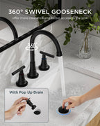 FORIOUS Black Bathroom Faucet 3 Hole Vanity, 2 Handle 360° Swivel Matte Black 8 Inch Widespread Bathroom Sink Faucet 3 Holes, with 360 Degree Rotating Spout, Pop-up Drain, Supply Lines