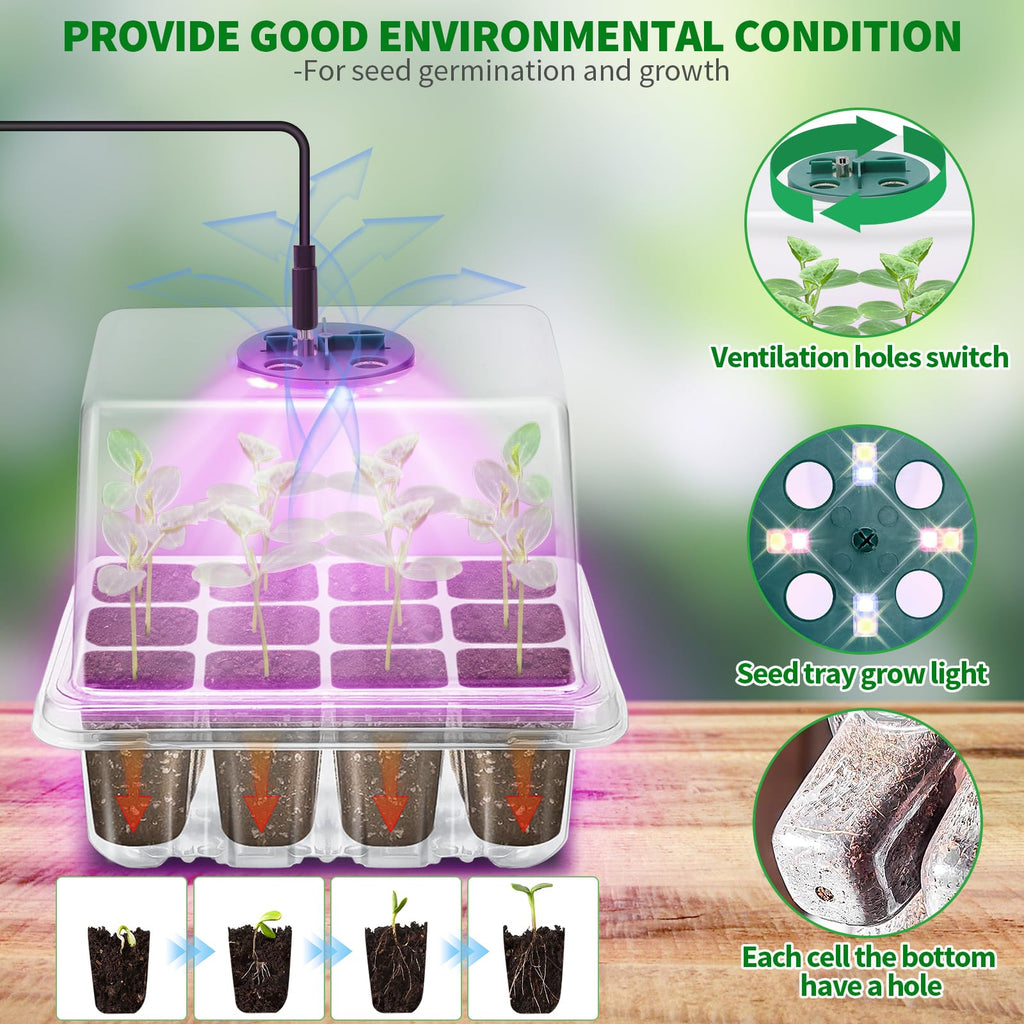 Seed Starter Trays with Grow Light Kit, 2 Pack Plant Greenhouse Propagator