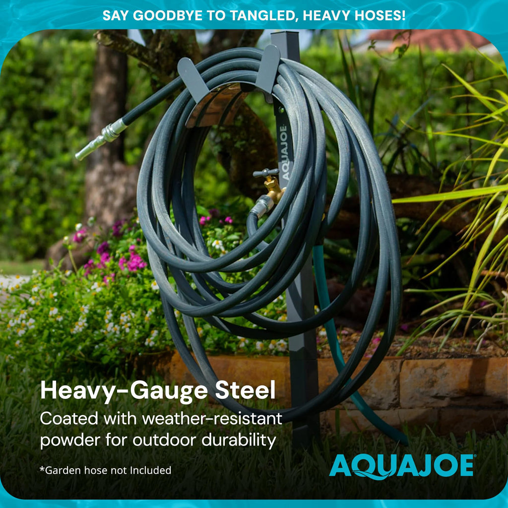 Aqua Joe Steel Garden Hose Stand with Brass Faucet and Quick-Install Anchor Base - Heavy-Duty Freestanding Holder for Outdoor Lawn, Yard & Garden Hose Storage, SJ-SHSBB-GRY
