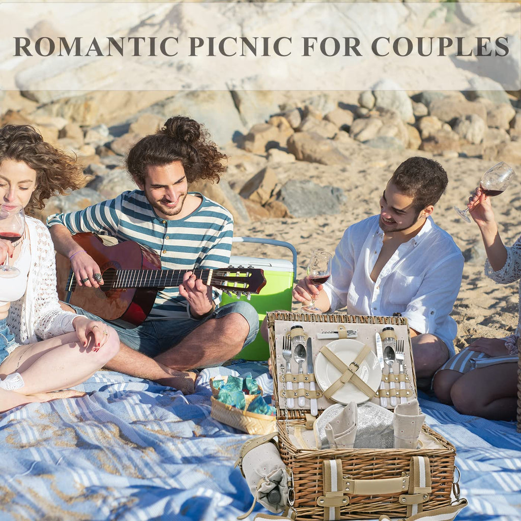 31Pcs Picnic Basket Set for 4 with Insulated Liner and Waterproof Blanket Wine Pouch, Large Wicker Picnic Hamper for Camping,Outdoor,Valentine Birthday Christmas for Couples