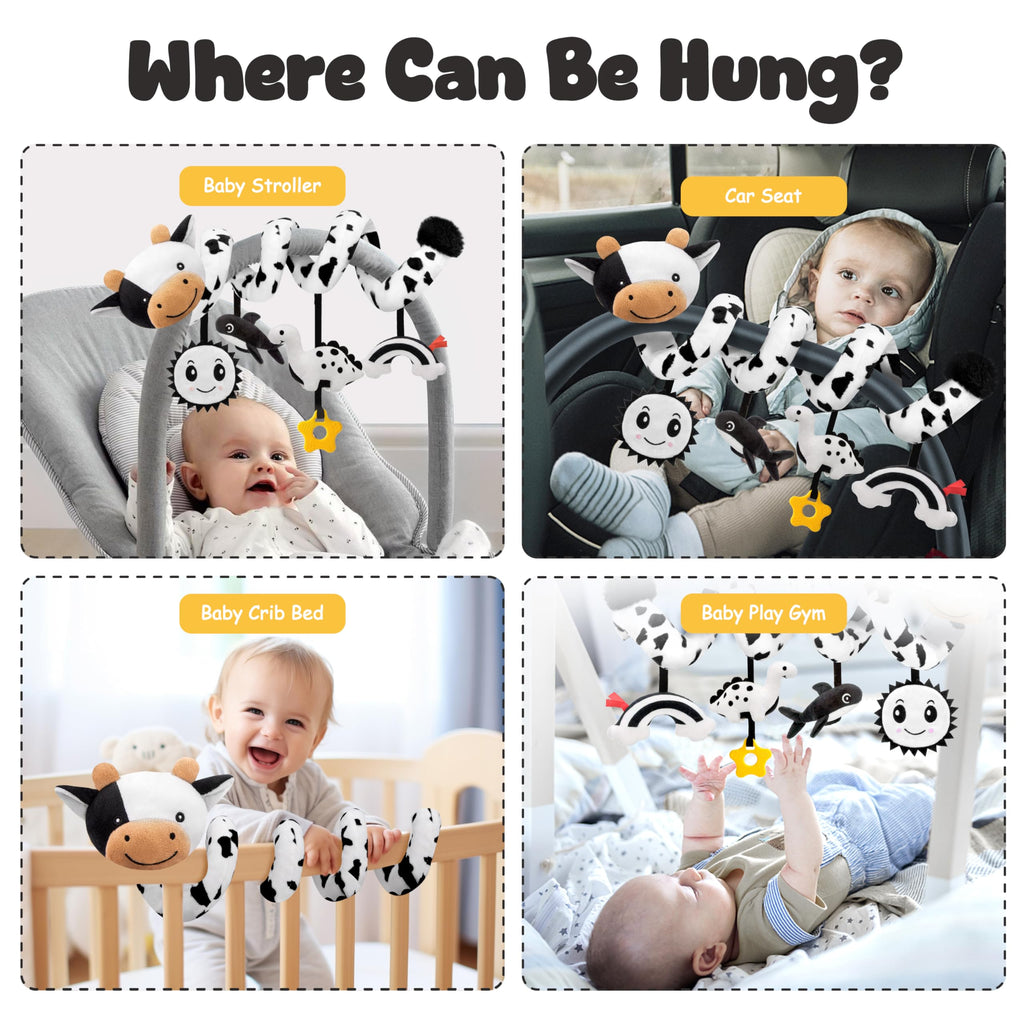 Spiral Car Seat Baby Toys 0-6 Months, Infant Carseat High Contrast Sensory Toys Hanging Stroller Accessories, Newborn Gifts for Baby Boys Girls Essentials, Cute Black and White Cow