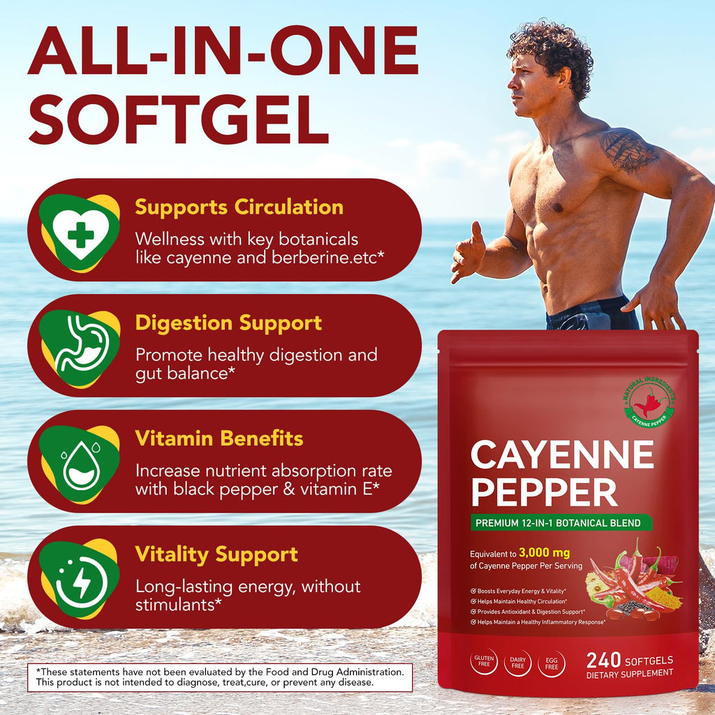 2 PCS Cayenne Pepper Softgels Supplement | 12-in-1 3000mg per Serving with Vitamins D3, K2 & E | Supports Healthy Circulation & Daily Energy | Features Hawthorn, Beetroot & Turmeric | 240 Capsules