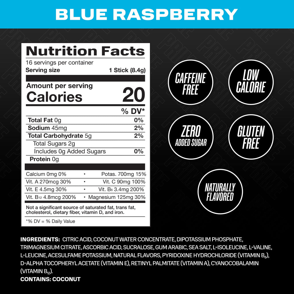 PRIME HYDRATION+ Sticks Blue Raspberry | Hydration Powder Single Serve Sticks | Electrolyte Powder On The Go | 250mg BCAAs, B Vitamins, Antioxidants | Low Sugar | Caffeine-Free | Vegan | 48 Sticks