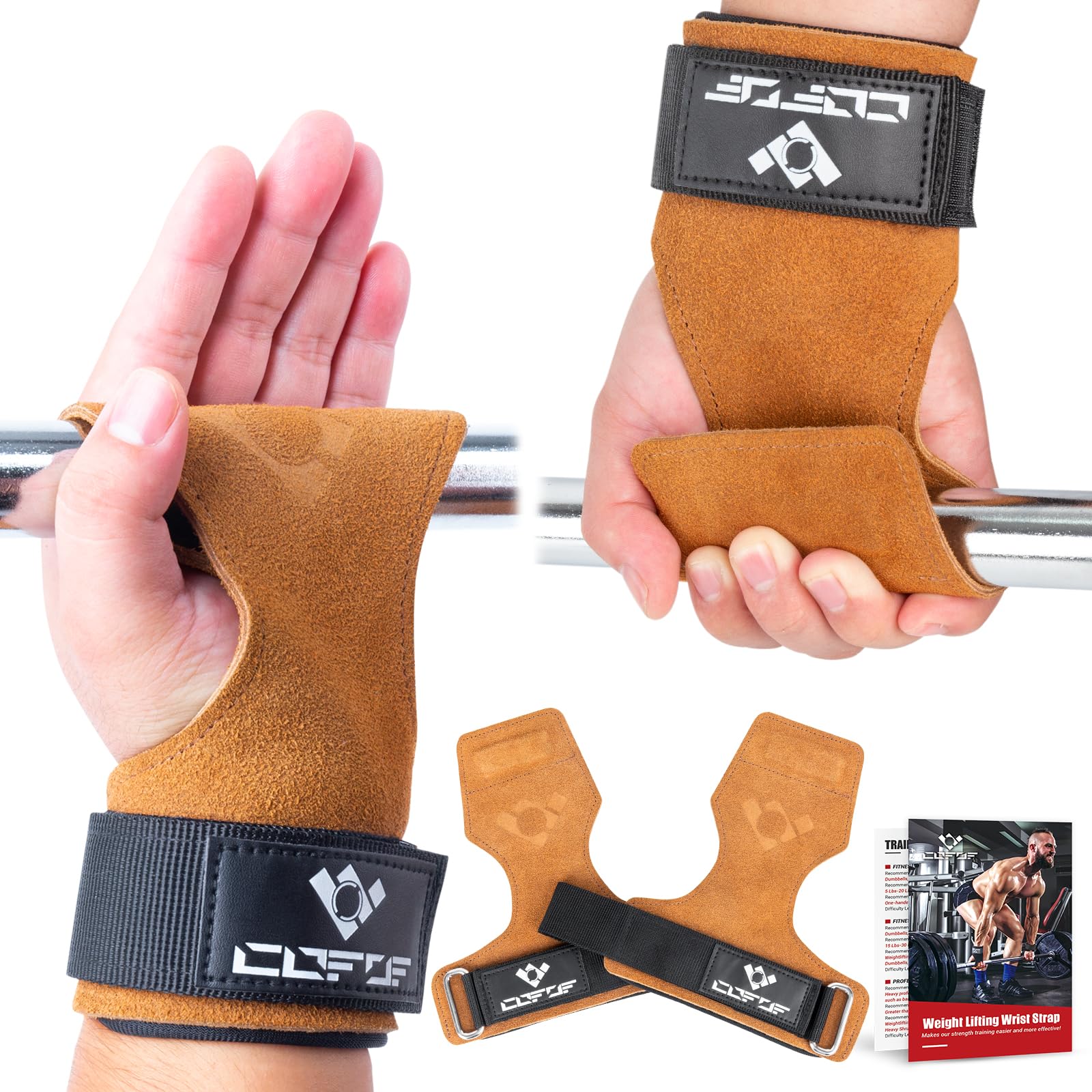 COFOF Weight Lifting Wrist Strap,Double Layer Leather Weightlifting Wrist Strap for Deadlift and Powerlifting, Adjustable Neoprene Padded Gym Workout Lifting Wrist Hooks for Men/Women(Pair)