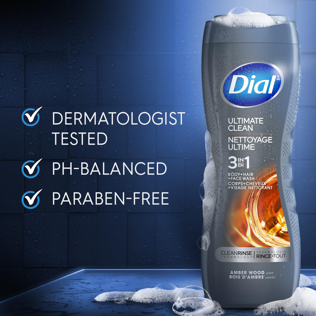Dial Men 3 in 1 Body, Hair and Face Wash, Ultimate Clean, 16 Fl Oz, Pack of 4, Amber Woods Scent, Cleanses Deep + Gentle on Skin with Clean Rinse Technology