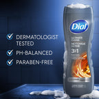 Dial Men 3 in 1 Body, Hair and Face Wash, Ultimate Clean, 16 Fl Oz, Pack of 4, Amber Woods Scent, Cleanses Deep + Gentle on Skin with Clean Rinse Technology