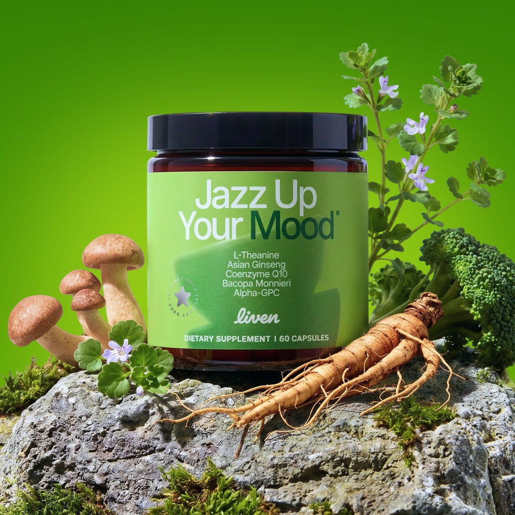 LIVEN SUPPLEMENTS Jazz Up Your Mood - L-Theanine, Asian Ginseng, CoQ10, Bacopa & Alpha-GPC – Daily Focus & Clarity Support - 30 Servings