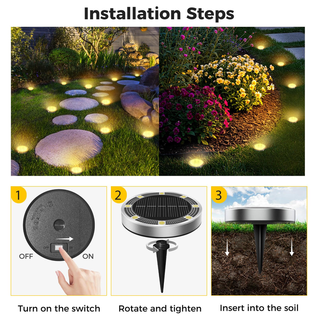 inkgear 6 Pack Solar Ground Lights Outdoor, 8 LED Mini Flat Solar Disc Lights, IP65 Waterproof Pathway Lights Solar Powered, Landscape Lighting for Garden Walkway Driveway Yard Lawn,Warm White