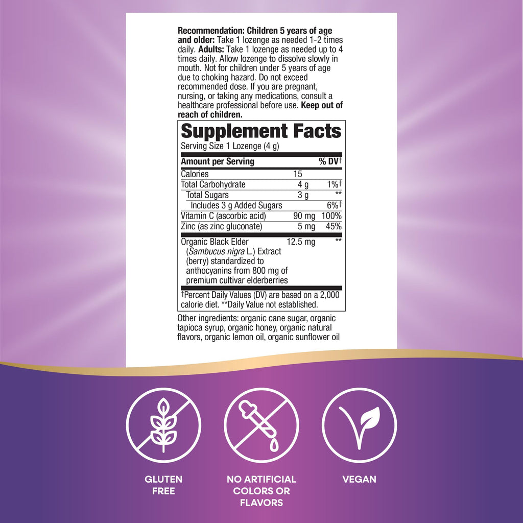Nature's Way Sambucus Immune Lozenges, Zinc, Vitamin C, Elderberry, Immune Support*, USDA Organic, Honey Lemon Flavor, 24 Lozenges (Packaging May Vary) - 3 Pack