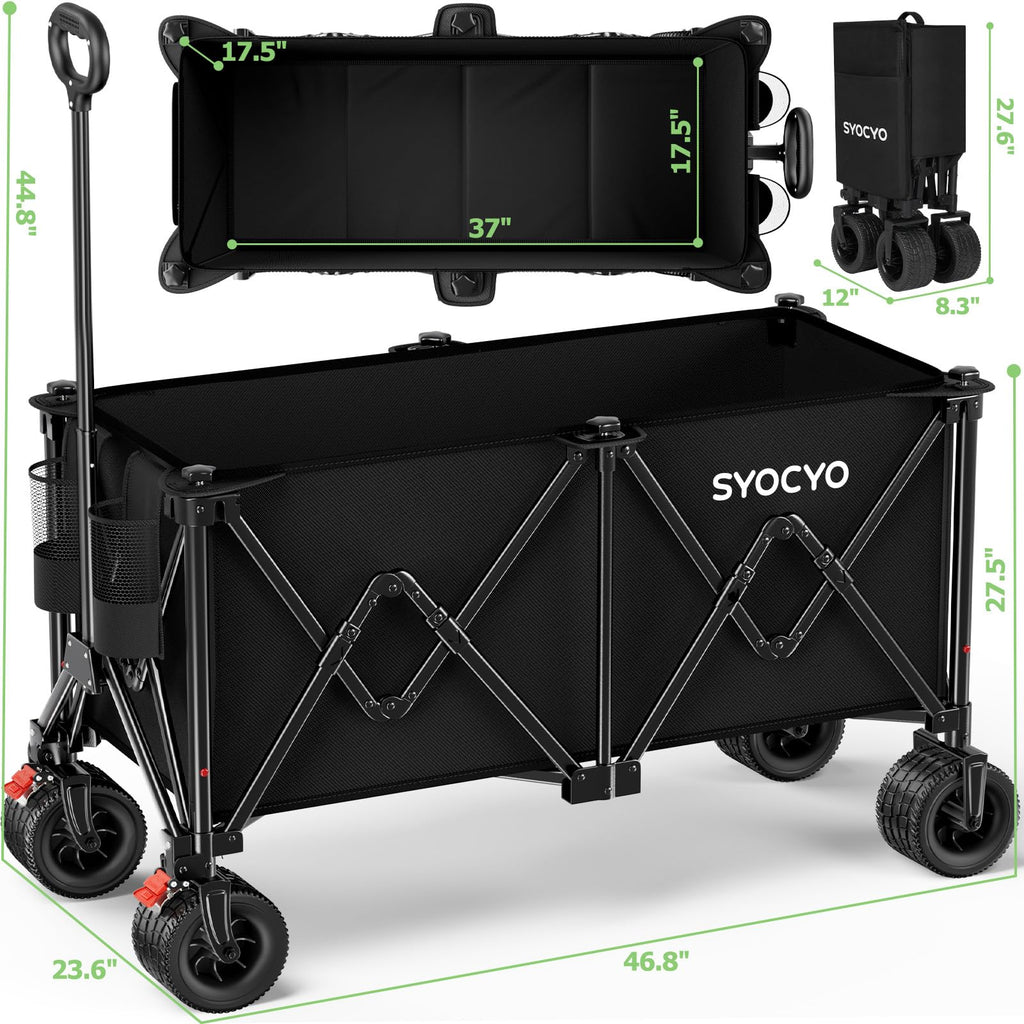Beach Wagon Carts Foldable 580LBS Collapsible Wagon with Big All-Terrain Wheels for Sand 340L Heavy Duty Utility Carts with Cup Holders for Garden, Camping, Grocery, Black
