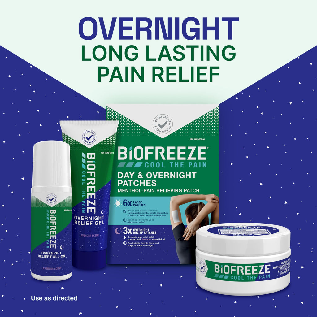Biofreeze Day & Overnight Pain Relief Patches, Menthol Pain Patches for Arthritis & Muscle Pain Relief, Comfortable & Flexible Fabric Stays in Place, 9 Patches (6 Day, 3 Night)