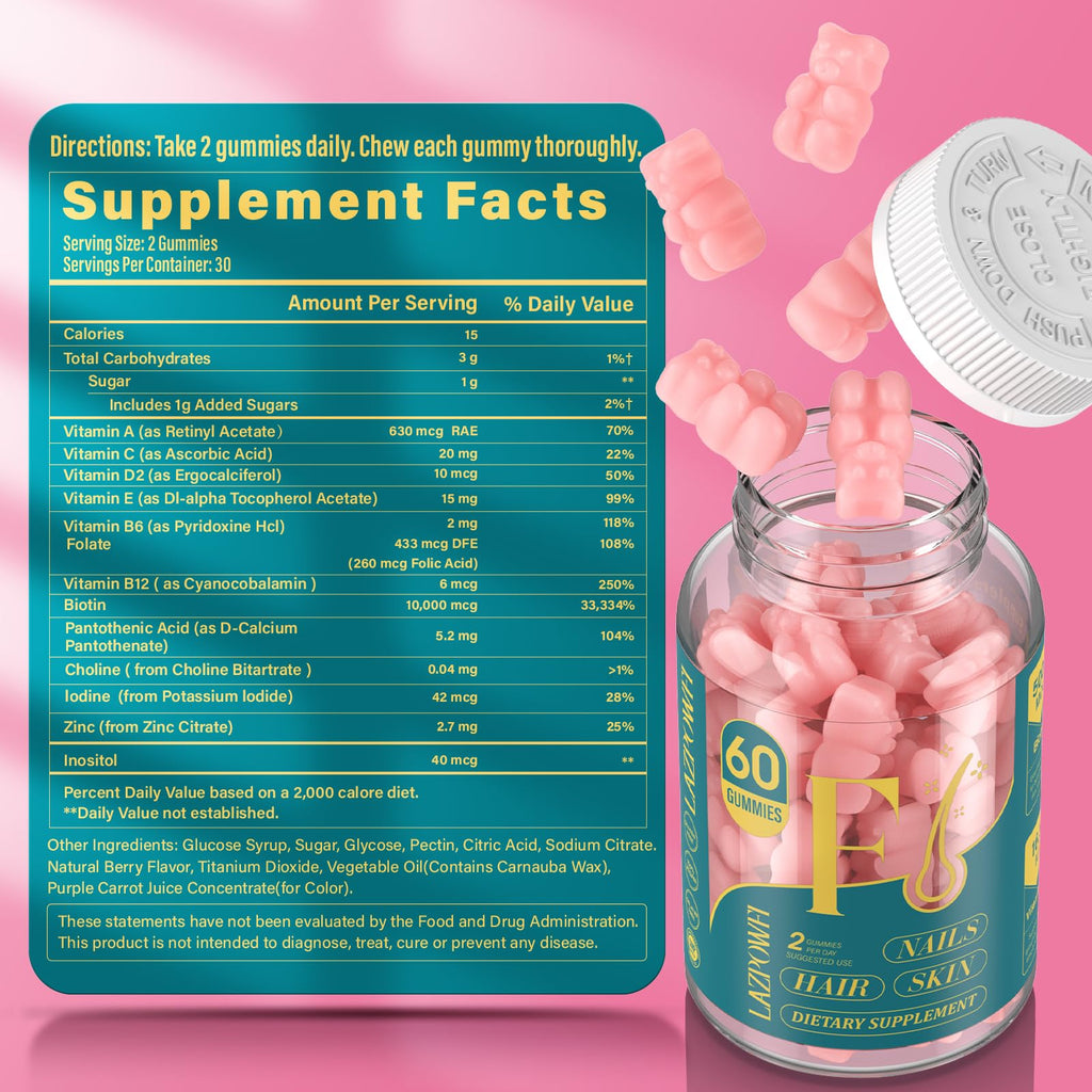 Lazpowfi Biotin Gummies -Hair Skin and Nails Vitamins for Men & Women, Vegan Vitamin B7, Supports Hair Growth and Stronger Nails,60 Day Supply-Raspberry-2 Pack