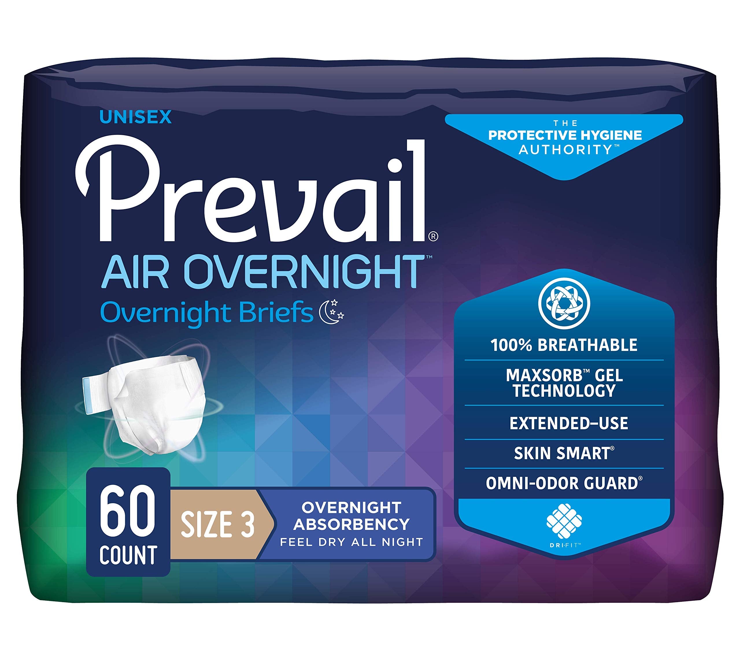 Prevail AIR Overnight Incontinence Briefs - Unisex Adult Incontinence Briefs with Tabs - Disposable Adult Diaper for Men& Women - Overnight Absorbency - Size 3, 60 Count (4 Packs of 15)