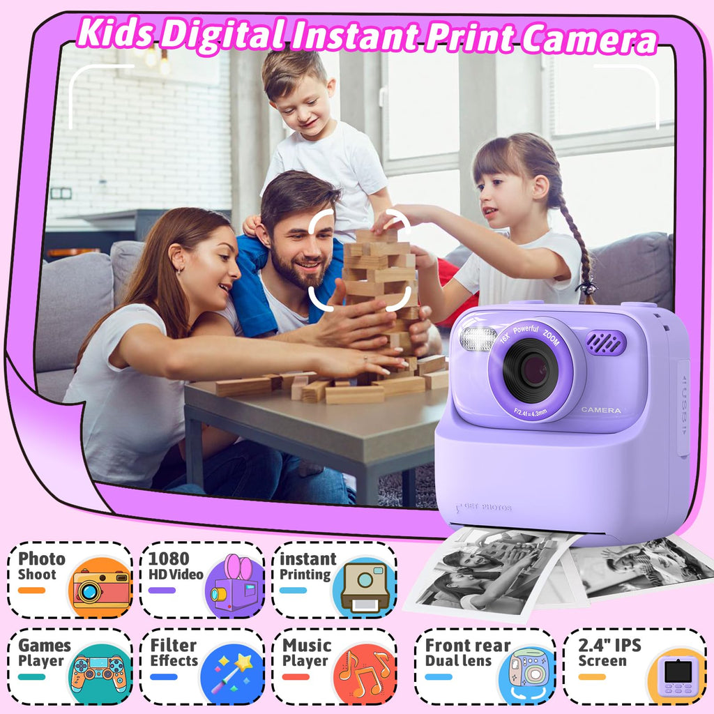 Kids Instant Digital Cameras for Boys and Girls, 1080P HD Dual-Lens Selfie Digital Camera with Print Paper & TF Card, Christmas Birthday Gifts Toys for Toddler and Teenagers Age 3-16 Years Old