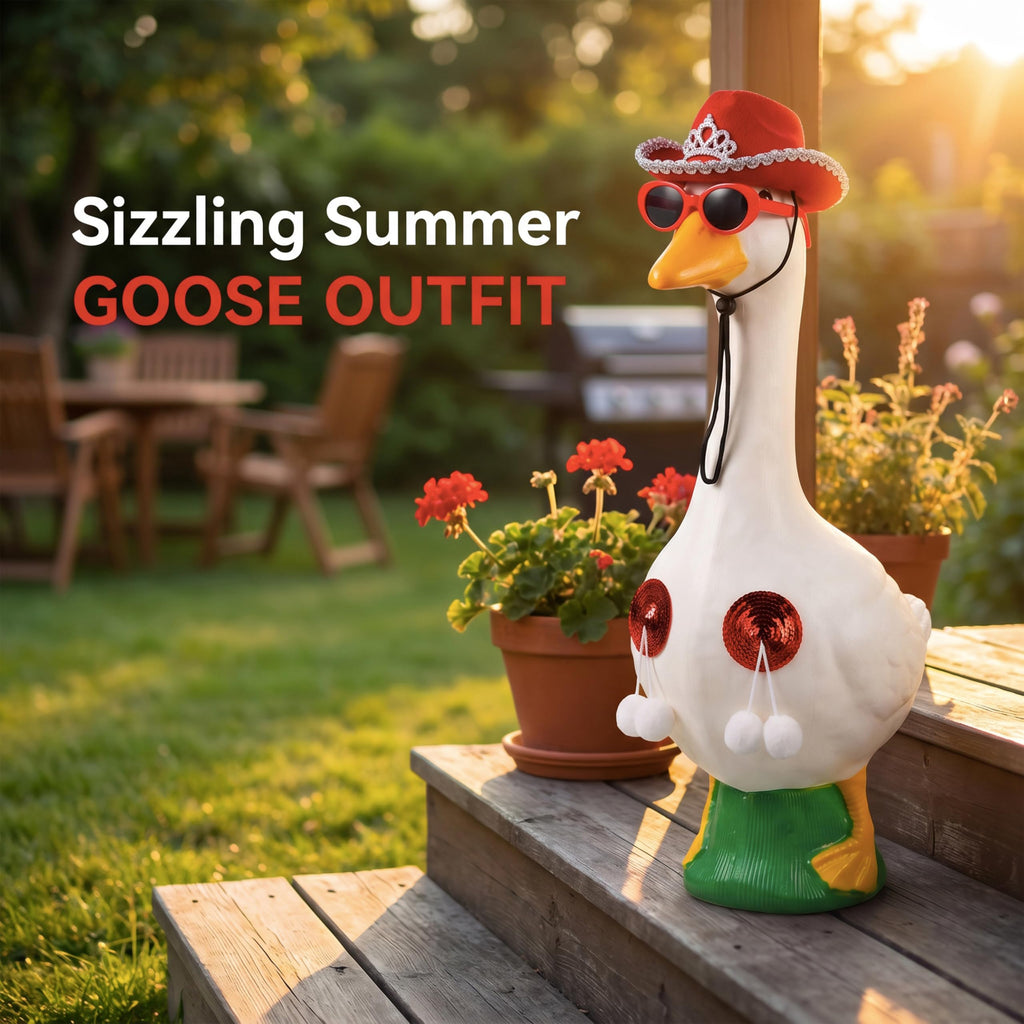 Eywwuu Funny Porch Goose Summer Bikini, Sunglasses & Tassel Skirt - Fits 17'' and 24'' Lawn Geese - Yard Decoration (Round Fringe)