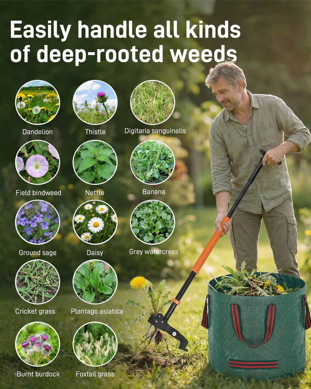HAUSPROFI Stand Up Weed Puller Tool with 36-46 Inch Adjustable Long Handle and 50L Garden Bag, Heavy Duty 4-Claw Stainless Steel Weed Remover Tool with Automatic Rebound Design for Deep Roots
