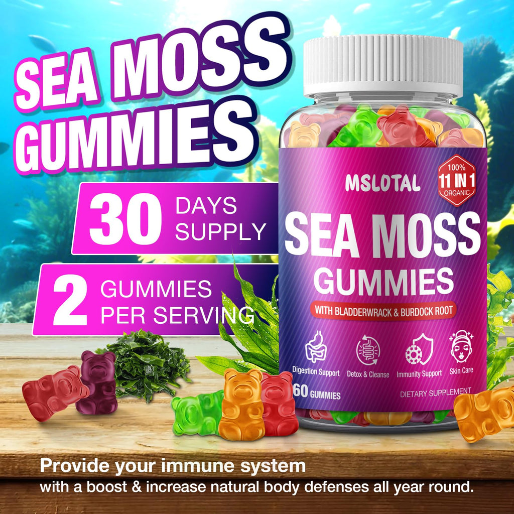 MSLOTAL Irish Sea Moss Gummies with Black Seed Oil, Ashwagandha Bladderwrack and Burdock Root, Organic Sea Moss Gummies for Women and Men with Shilajit, Immune Support, Vegan, 120 Gummies Totalss