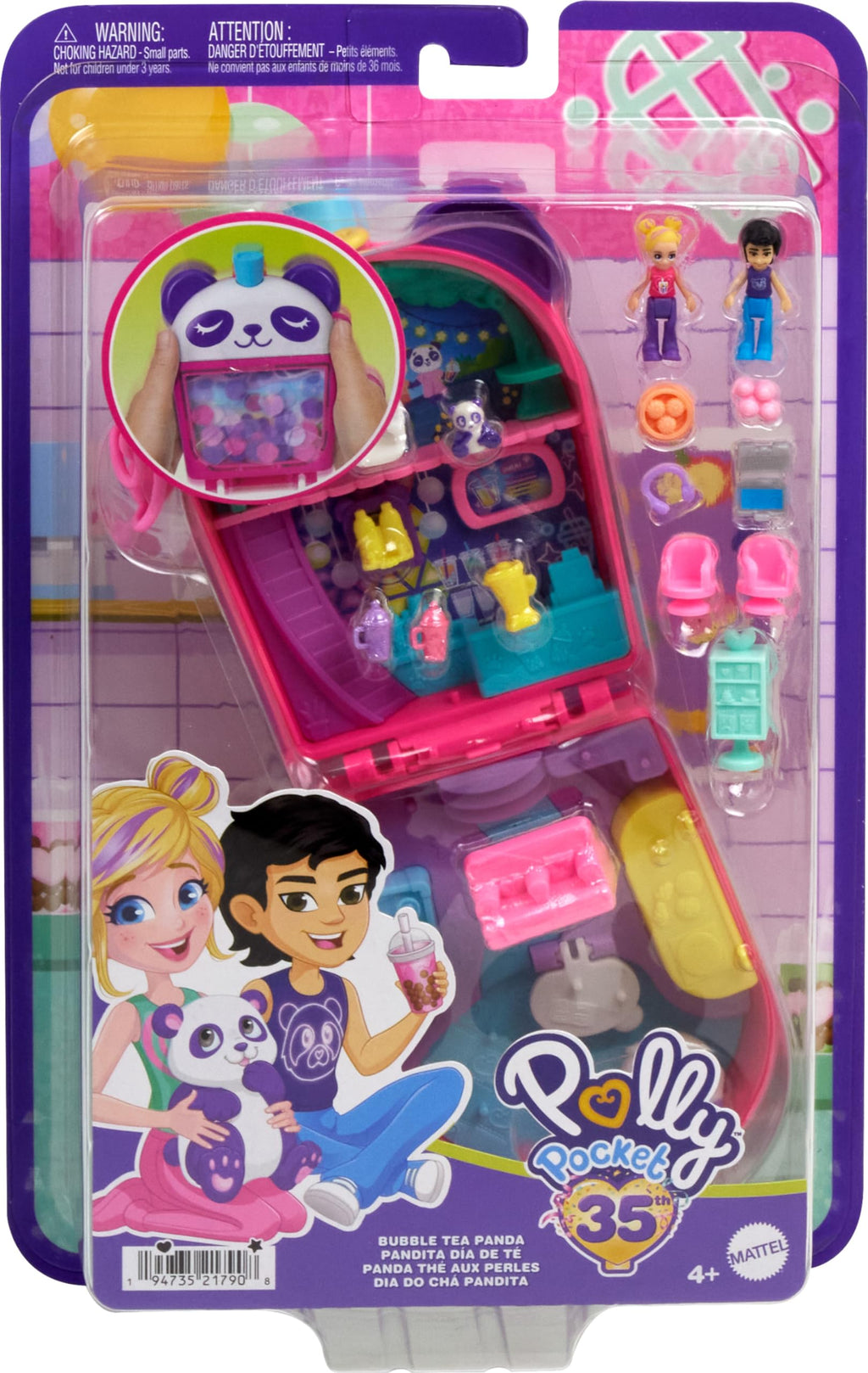 Polly Pocket Dolls & Playset, Bubble Tea Panda Compact, Animal Toy with 2 Micro Dolls, Pet Panda & Food Accessories