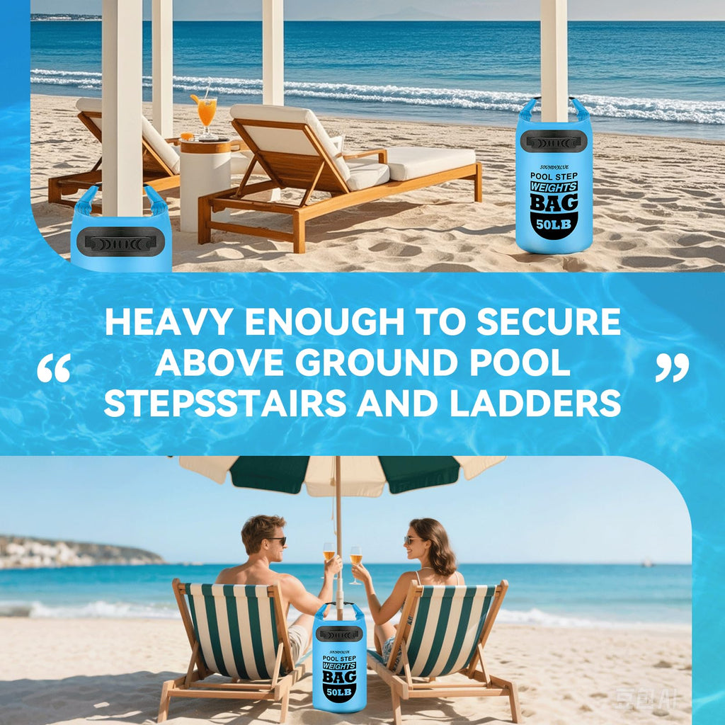 2 Pack 50lb Heavy Duty Pool Ladder Weights, Universal Above Ground Pool Step Sand Bags with Handles, 500D PVC Durable Waterproof & Foldable Sandbags for Swimming Pool Stairs (Sky Blue)