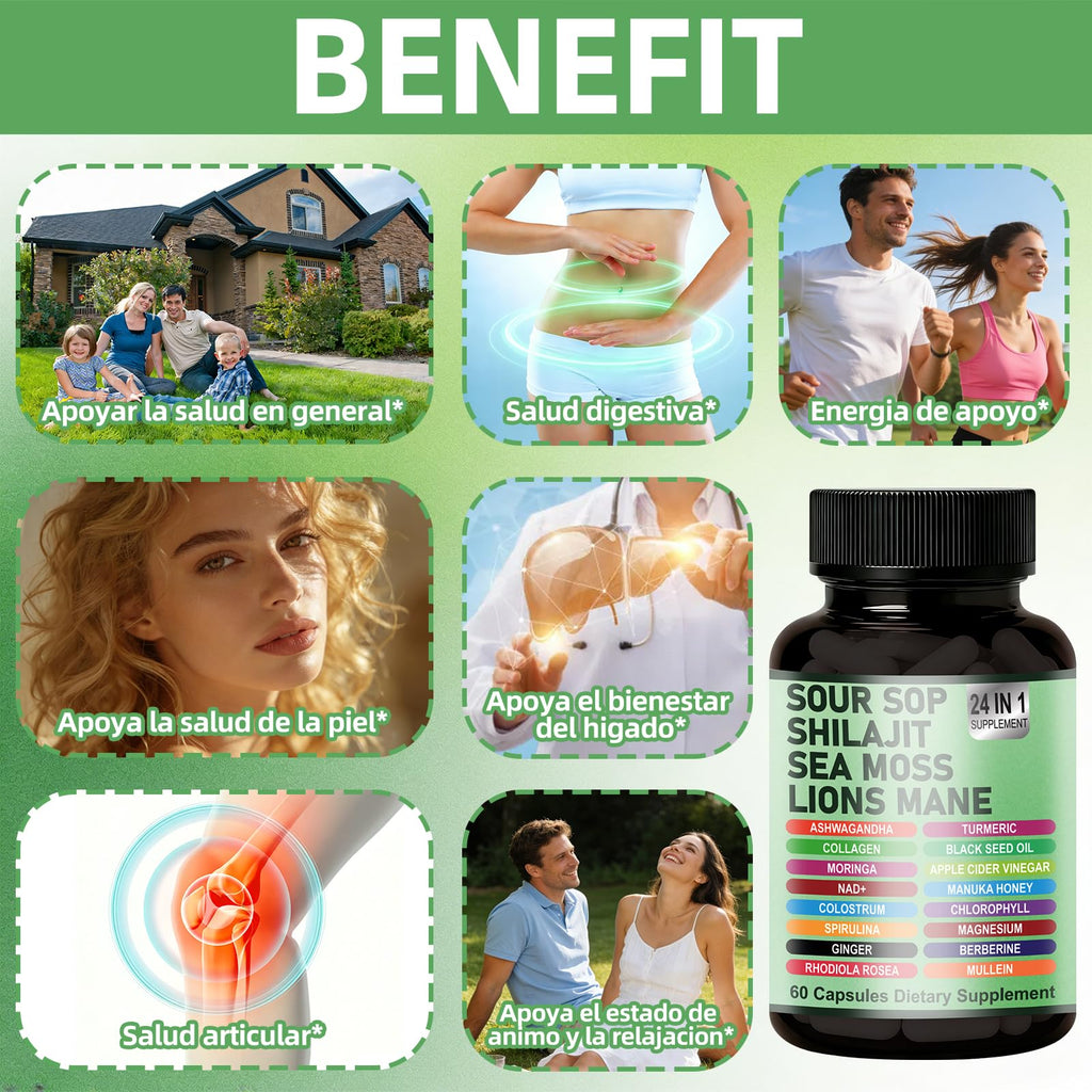24-in-1 Soursop Graviola Capsules with Sea Moss, Shilajit, Lions Mane, Natural Supplement for Immune Support, Energy, Gut Health, Vegan, 60 Capsules