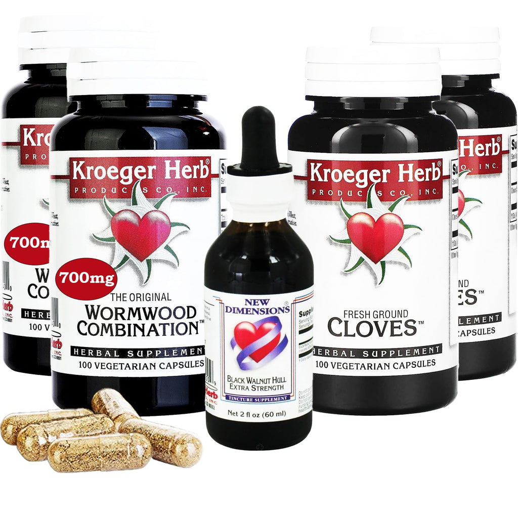 Kroeger Herb Products, Wormwood Herb Supplement Kit, Black Walnut, Clove, Quassia, Worm Wood Detox Cleanse - Capsules, Non-GMO, Gluten Free, No Preservatives or Fillers, Made in USA