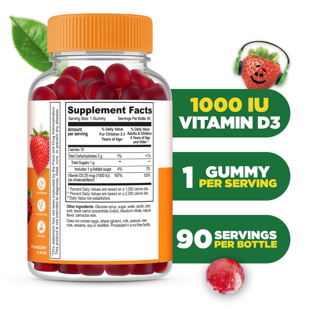 Lifeable Kids Vitamin D Gummies | Vitamin D3 1000iu | Great Tasting Vitamin D3 Gummies | D3 Vitamin for Strong Healthy Bones and Immune Support | Vitamin D for Kids, Boys, Girls | 90 Gummies