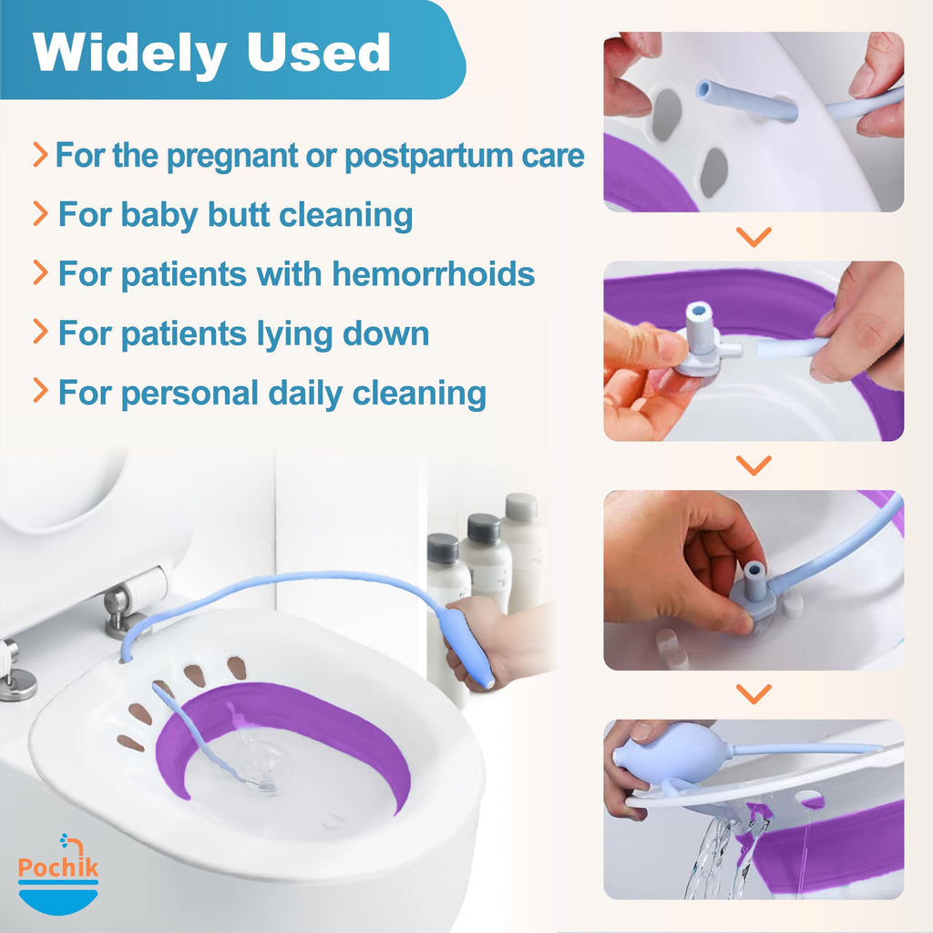 Pochik Sitz Bath for Toilet Seat Hemorrhoids and Postpartum Care, Yoni Steam Seat, Perineal Soaking, Collapsible, Flusher Hose, Drain Holes, Wider Seating Area - Purple