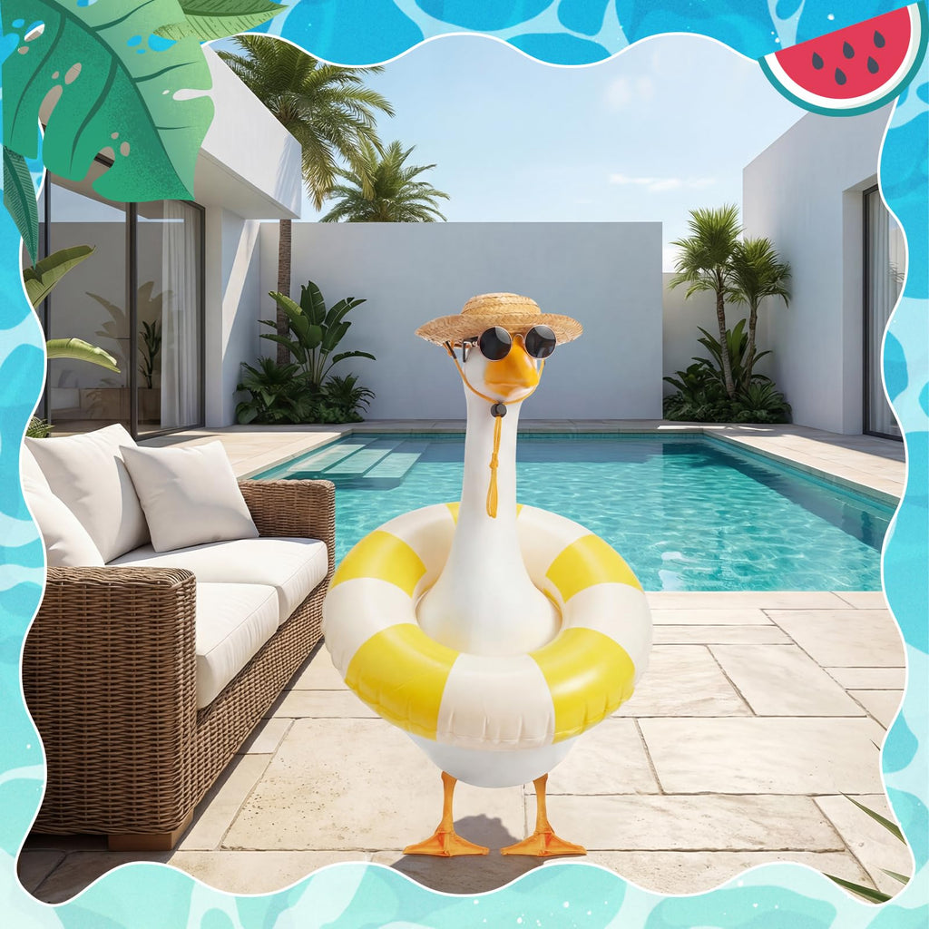 Bafeil Porch Goose Summer Outfit 3PCS Set, Straw Hat, Swim Ring, Sunglasses