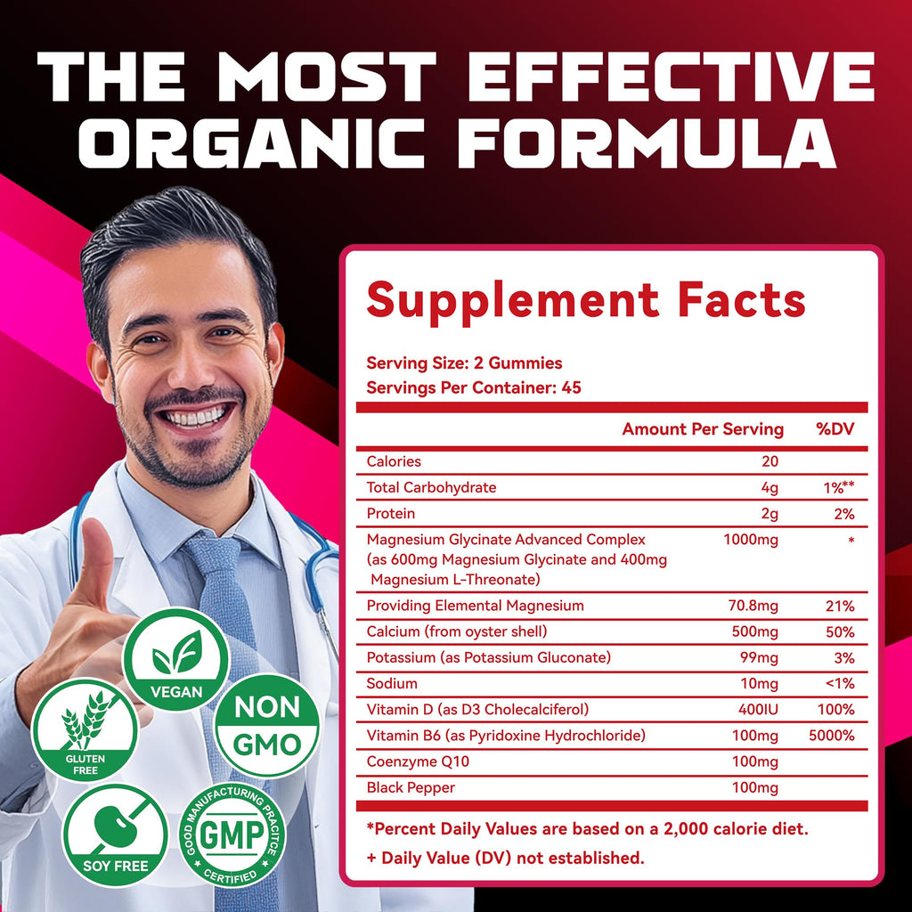 Magnesium Glycinate Gummies 1000mg - Sugar Free Magnesium Potassium Supplement with Vitamin D, B6, CoQ10 for Calm Mood & Sleep Support - 180 Raspberry Gummies.