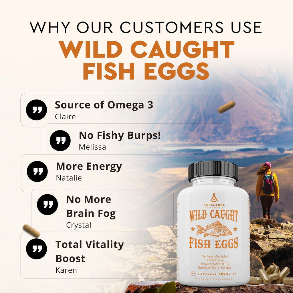 Ancestral Supplements Wild Caught Fish Eggs, 2400mg, Omega-3 Supplement Supports Brain, Heart, Fertility and Inflammatory Health, Whole Food Source of Vitamin D, K2, and A, Non-GMO, 180 Capsules