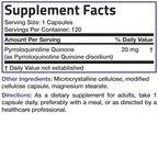 Bronson PQQ Vitality 20mg Pyroloquinoline Quinone Supplement Promotes Mitochondrial Biogenesis Non-GMO, 120 Vegetarian Capsules