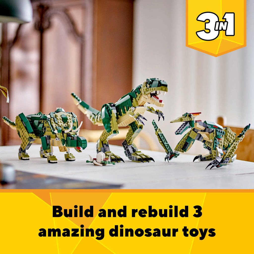 LEGO Creator 3 in 1 T Rex Toy - Dinosaur Toy Building Set for Kids, Boys & Girls, Ages 9+ - 3 Building Options, T-Rex to Triceratops to Pterodactyl - Gift Idea for Birthdays - 31151