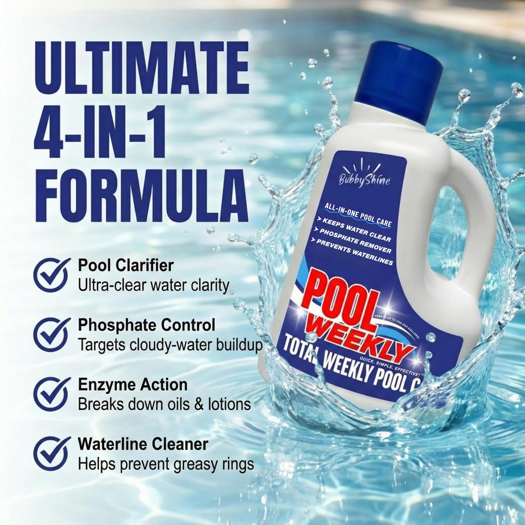 4-in-1 Weekly Pool Treatment - 3 L (101.5 fl oz) - Pool Chemicals, Phosphate Remover, Pool Clarifier, Enzyme Treatment + Waterline Cleaner, Perfect Clarity Finish, Saltwater Safe - BubbyShine
