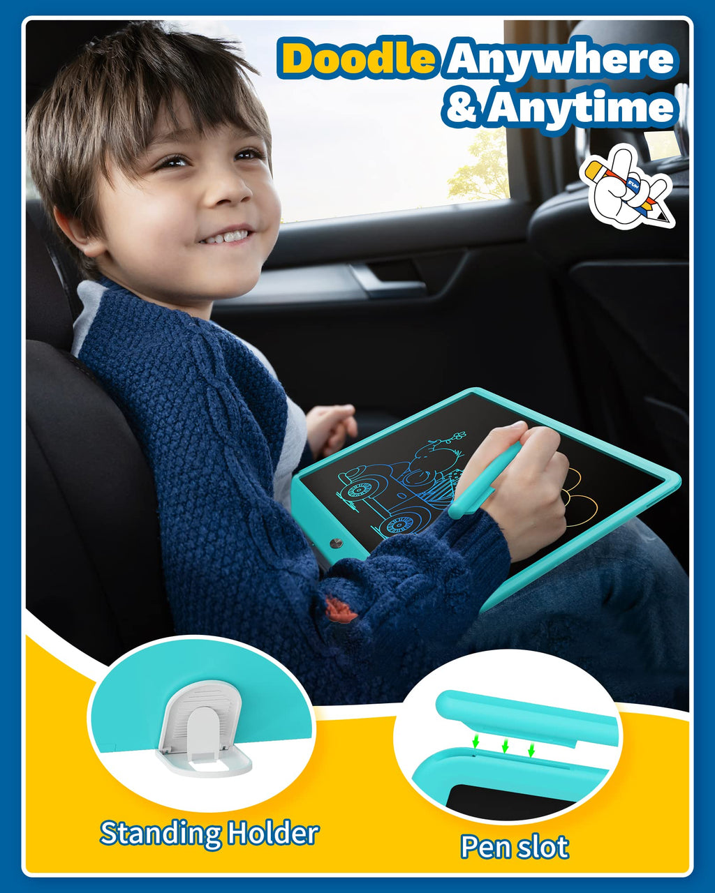 TEKFUN 15" LCD Writing Tablet for Kids, Large Drawing Pad for Boys & Girls, Screen-Free Way to Keep Kids Busy, Reusable Doodle Board for Learning & Travel, Great Christmas Gift Idea(15in Blue)