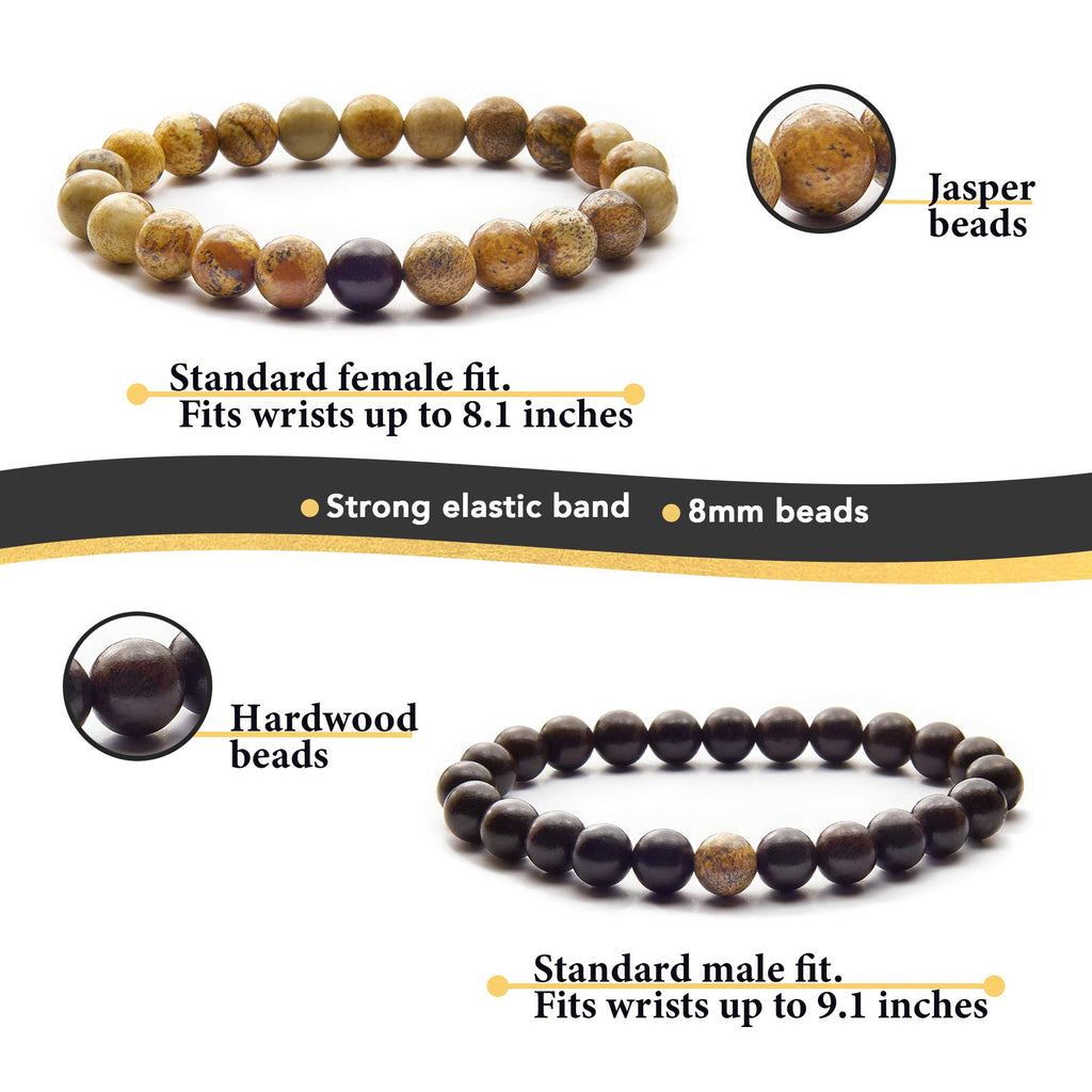 Anavego True Bond Matching Couples Bracelet Set with Storage Box. Wooden & Jasper 8 Millimeter Beaded. Unique 5 5th Year Marriage Wood Gifts for Him Her Boyfriend Girlfriend Husband Wife