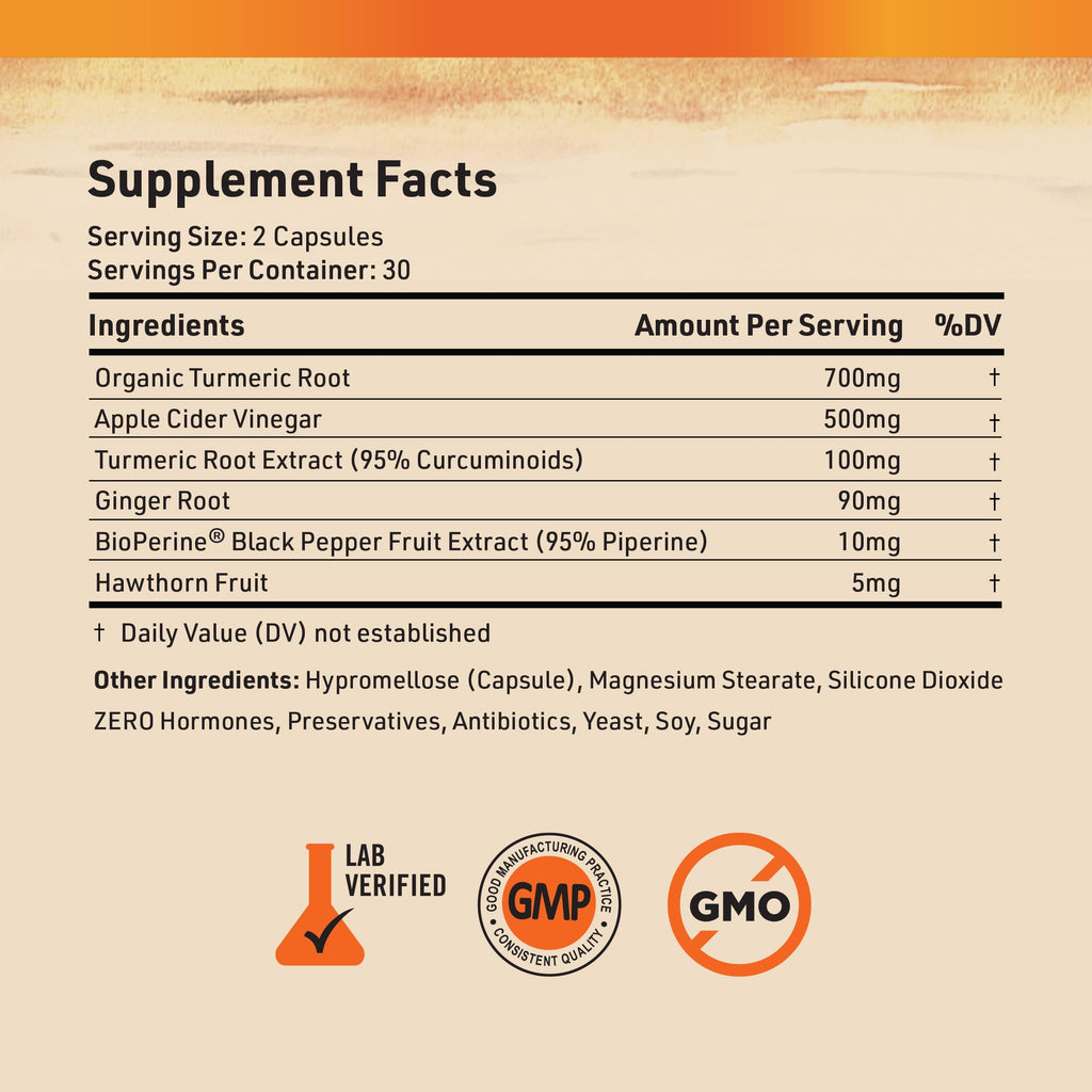 Nature's Base Turmeric and Ginger Supplement - with Curcumin, Apple Cider Vinegar & BioPerine Black Pepper Extract - 95% Curcuminoids - 60 Capsules