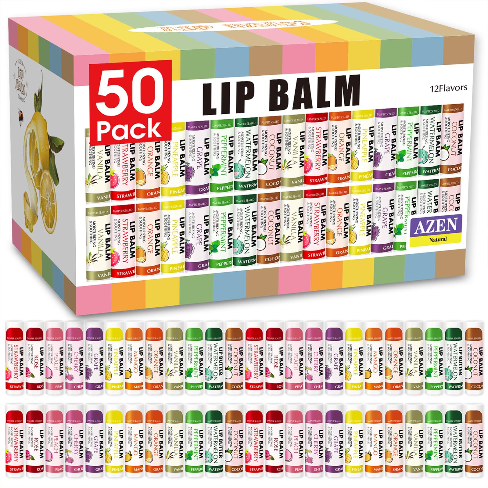 AZEN 50 Pack Lip Balm, Natural Lip Balm Bulk, Lip Care Product, Moisturizing Lip Balms for dry cracked lips, Valentines Gifts Easter Basket Stuffers - 12 Flavors