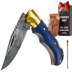 Damascus Pocket Knife for Men Comes with Leather Sheath & Sharpening Rod