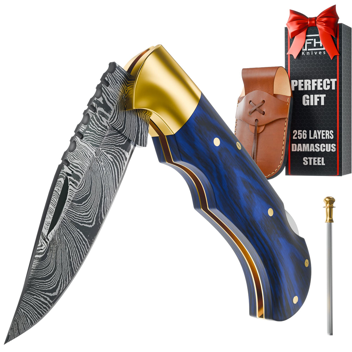 Damascus Pocket Knife for Men Comes with Leather Sheath & Sharpening Rod