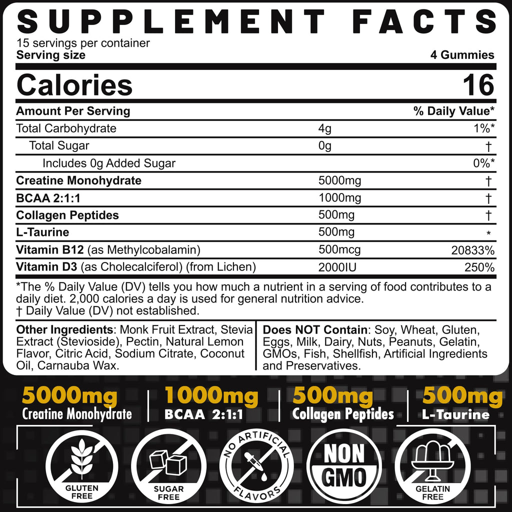 EnvyCure Creatine Monohydrate Gummies for Men & Women - with BCAA, Collagen Peptides, L-Taurine, Vitamin B12, D3, Creatine Monohydrate 5000mg (5g) Per Serving, Lemon Flavor, Sugar Free, 1 Pack