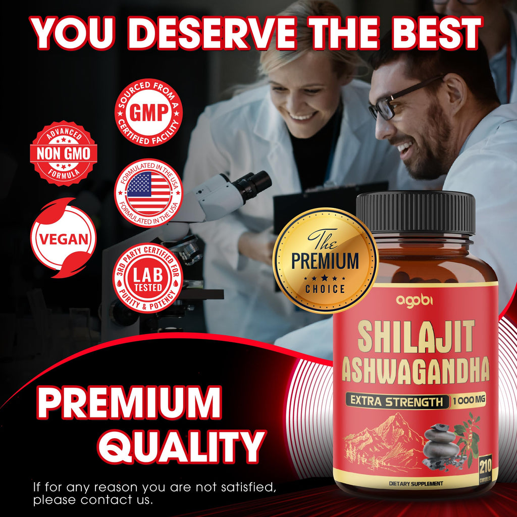 agobi 210 Capsules - 600mg Shilajit Supplement with 400mg Organic Ashwagandha Root - Shilajit Pure Himalayan Organic for Energy Production, Immune System Brain Health, Focus & Concentration