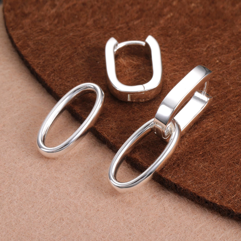 Silver Dangle Double Hoop Earrings For Women Paperclip Linik Chain