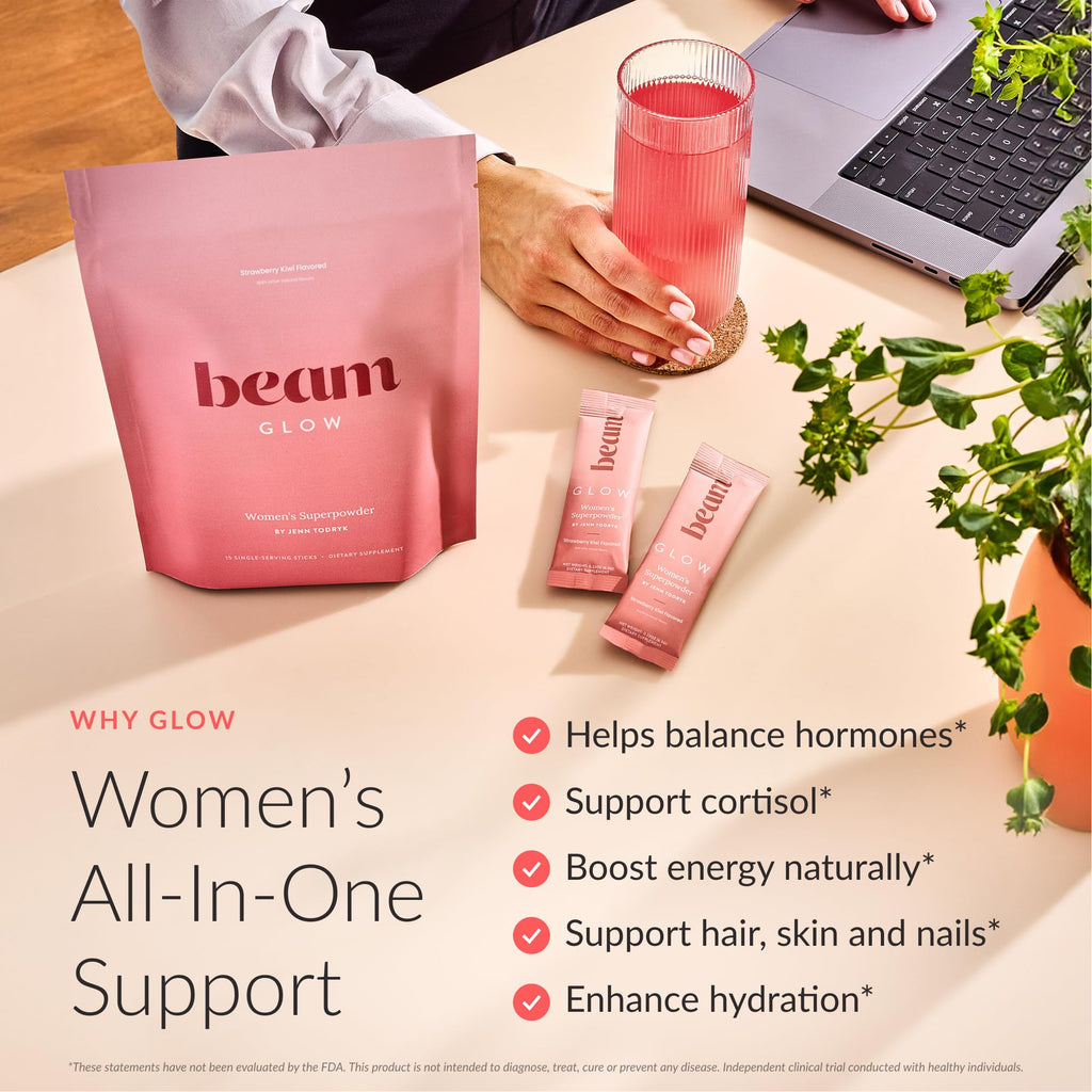 BEAM Glow Women's Wellness Supplement, Cortisol Support with Ashwagandha for Women, Daily Vitamins for Cycle Health, Mood, Energy & Stress Support with Selenium, Zinc, Vitamin A, Biotin, B Vitamins