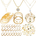 IFKM Gold Jewelry Set For Women, 14k Gold Plated Multi Layer Necklaces Bracelets Stackable Knuckle Rings Hoop Earrings set, Trendy Elegance Charms Non Tarnish Minimalist Textured Boho Jewelry Gift