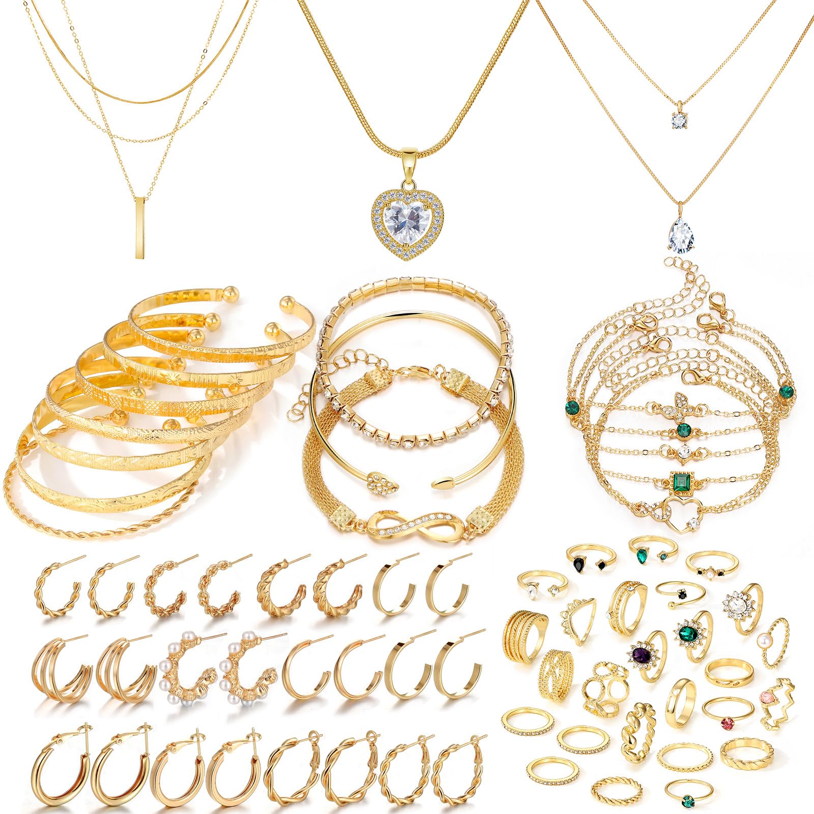 IFKM Gold Jewelry Set For Women, 14k Gold Plated Multi Layer Necklaces Bracelets Stackable Knuckle Rings Hoop Earrings set, Trendy Elegance Charms Non Tarnish Minimalist Textured Boho Jewelry Gift