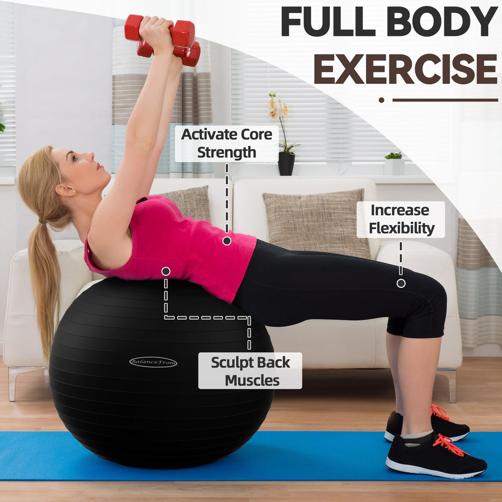 Fitvids Anti-Burst Slip Resistant Exercise Ball with Quick Pump, 2,000-Pound Capacity, Black, 19-22 inch, M