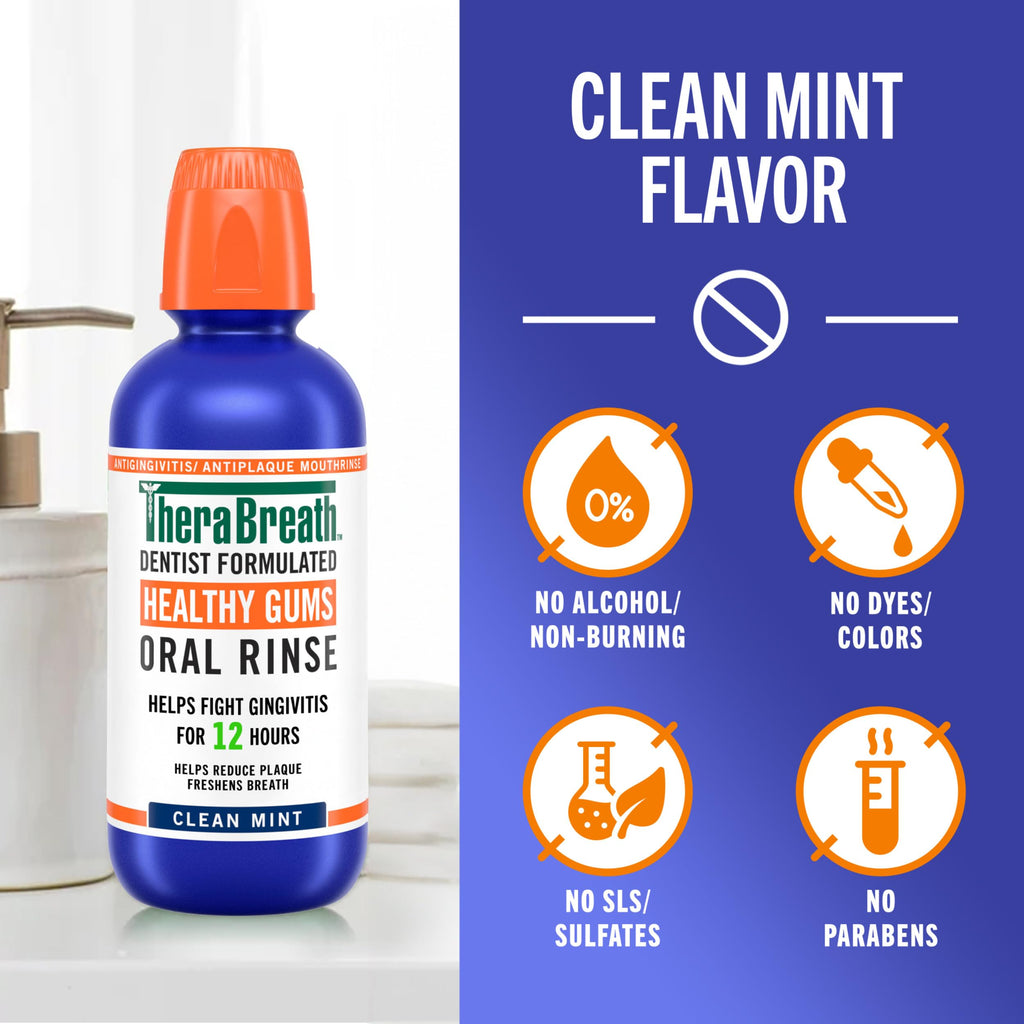 TheraBreath Healthy Gums Oral Rinse, Antigingivitis, Clean Mint Flavor, Dentist Formulated to Help Prevent Gingivitis and Support Gum Health, Alcohol Free, 16 Fl Oz (Pack of 2)