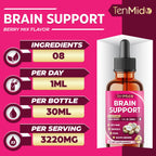 Tenmido Brain & Focus Support Liquid Drops - 8in1 with Lions Mane, Cordyceps, Reishi, Bacopa, Ginkgo Biloba, Phosphatidylserine, Rosemary, and Gotu Kola - 30ml 1 Fl Oz